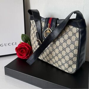 Gucci Beige GG Canvas Shoulder Bag with Black Leather & Red Web Stripe